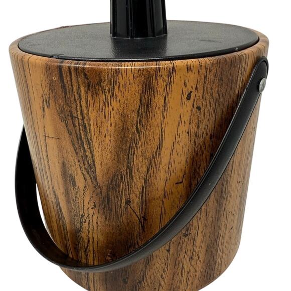 Mid Century Modern Ice bucket by Irvinware Faux Wood Vinyl w/ Lid & Handle - Picture 1 of 5
